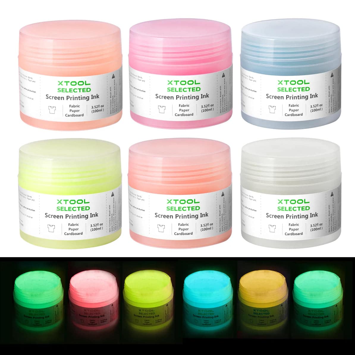 Set de cerneala fluorescente pentru serigrafie, glow in the dark, pe baza de apa, pentru textile, hartie, 6 culori1 Set de cerneala fluorescente pentru serigrafie, glow in the dark, pe baza de apa, pentru textile, hartie, 6 culori1