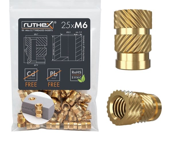 Set 25 insertii filetate M6 din alama pentru imprimare 3D – Rx-M6x12.71 Set 25 insertii filetate M6 din alama pentru imprimare 3D – Rx-M6x12.71